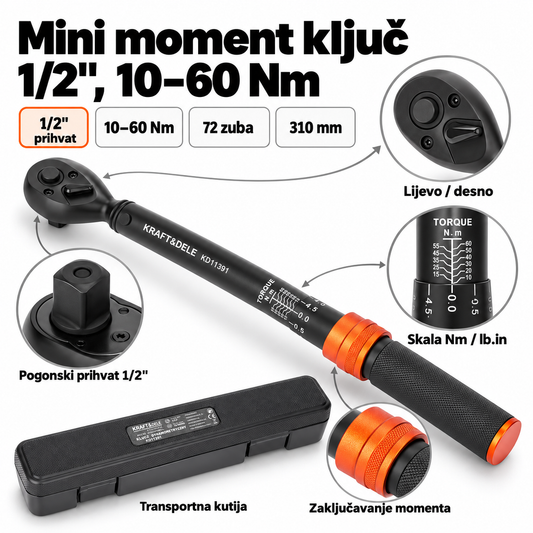Mini moment ključ – 1/2", 10–60 Nm